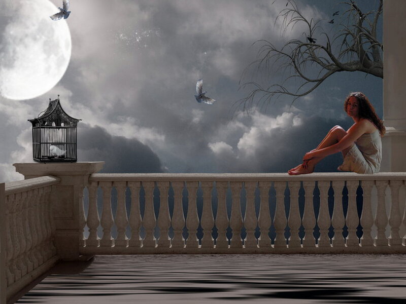 Woman Sitting on Balcony — Gray