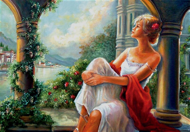 Woman Sitting on Balcony — White