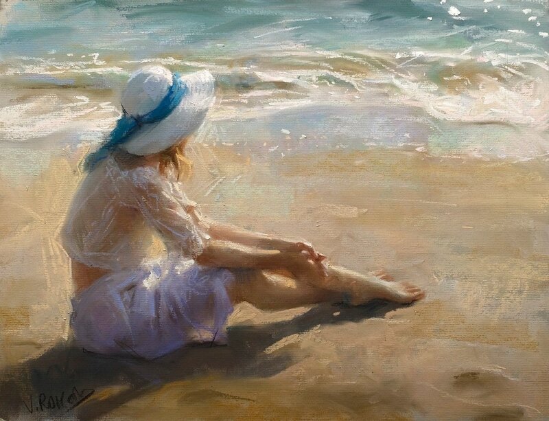 Woman Sitting on Beach — Beige, Serene, Afternoon, Painting