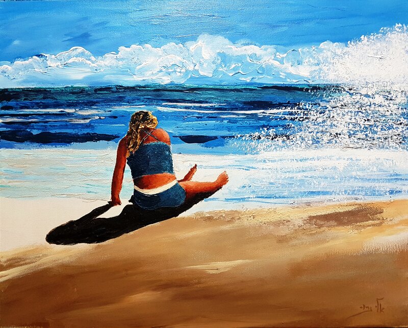 Woman Sitting on Beach — Blue, Serene, Afternoon, Painting, Ocean