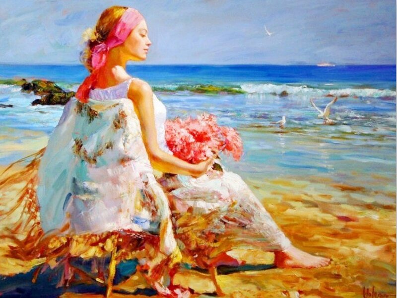 Woman Sitting on Beach — Blue, Serene, Afternoon, Painting