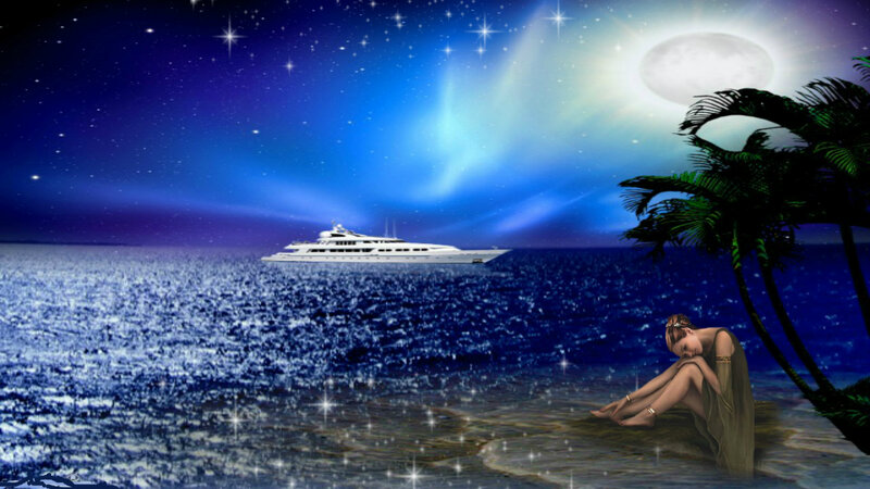 Woman Sitting on Beach — Blue, Serene, Night