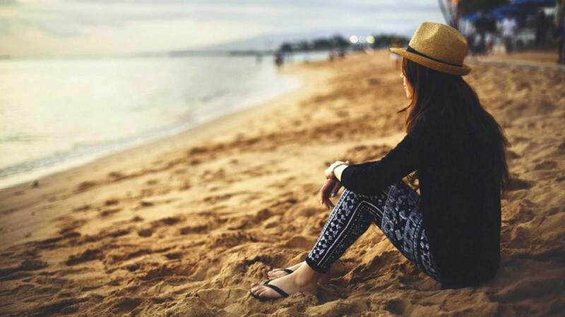 Woman Sitting on Beach — Brown, Calm