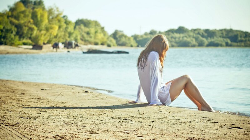 Woman Sitting on Beach — Brown, Serene, Afternoon, Photograph, River