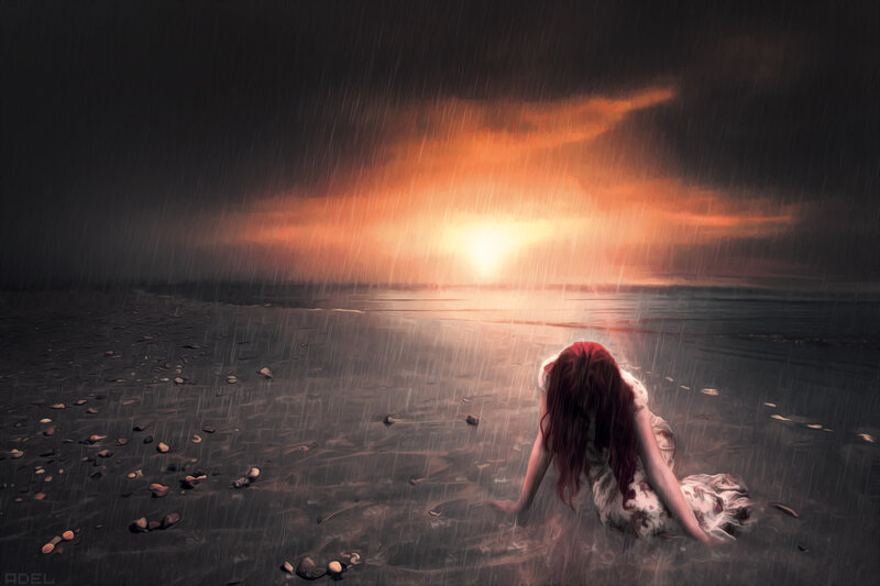 Woman Sitting on Beach — Orange, Dramatic, Sunset