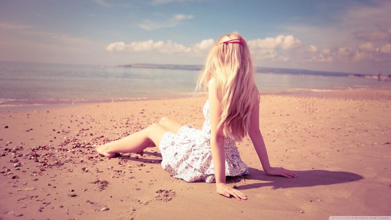 Woman Sitting on Beach — Pink, Serene, Afternoon, Photograph, Sand, Ocean, Sky