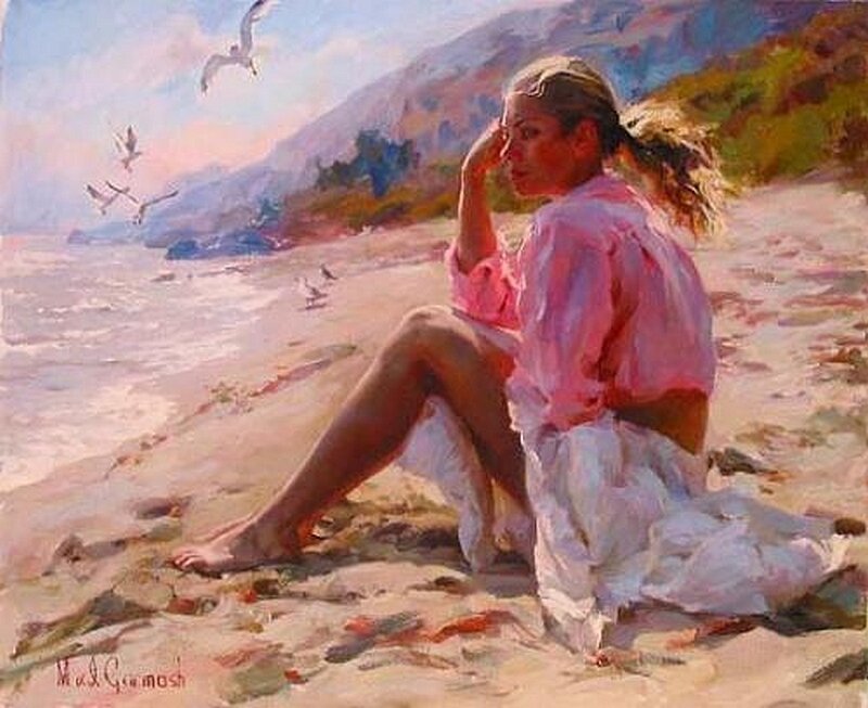 Woman Sitting on Beach — Pink