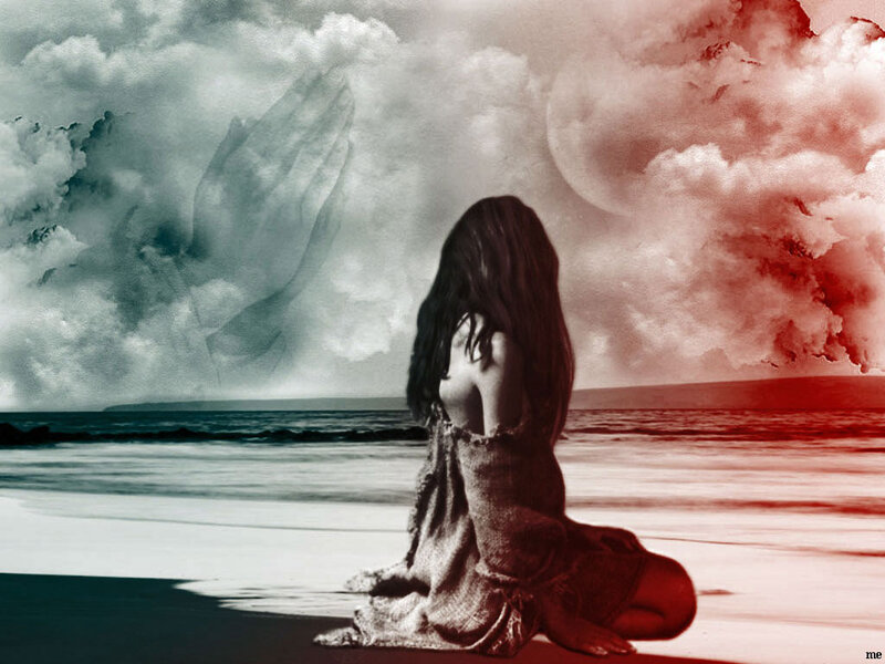 Woman Sitting on Beach — Red, Dramatic