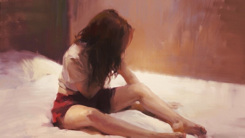 woman sitting on bed in painting