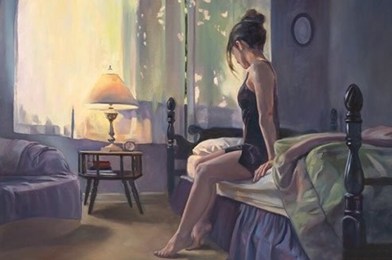 Woman Sitting on Bed — Purple, Calm