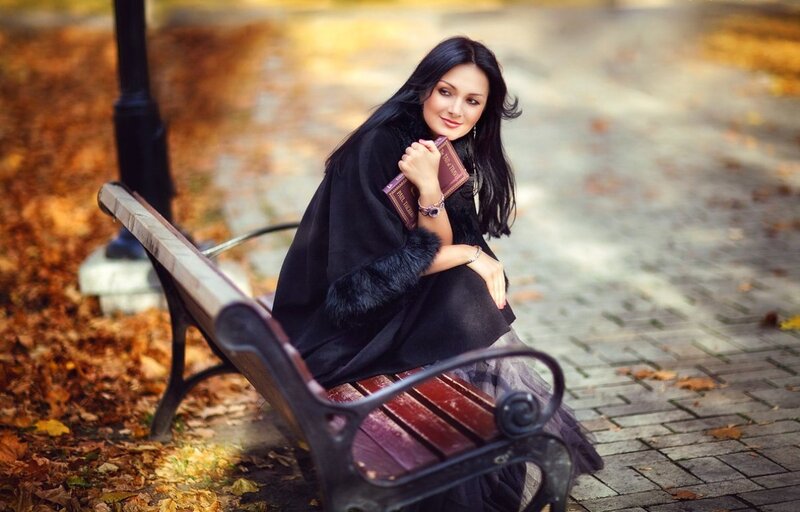 Woman Sitting on Bench — Black, Calm, Autumn