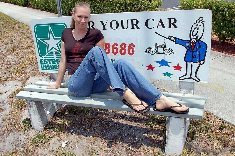 Woman Sitting on Bench — Blue, Casual