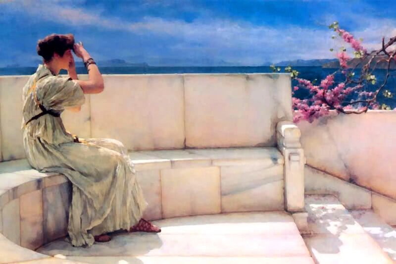 Woman Sitting on Bench — Blue, Serene, Afternoon, Painting