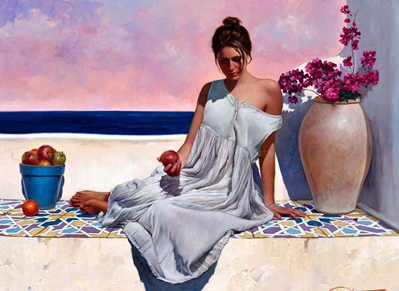 Woman Sitting on Bench — Blue, Serene, Sunset