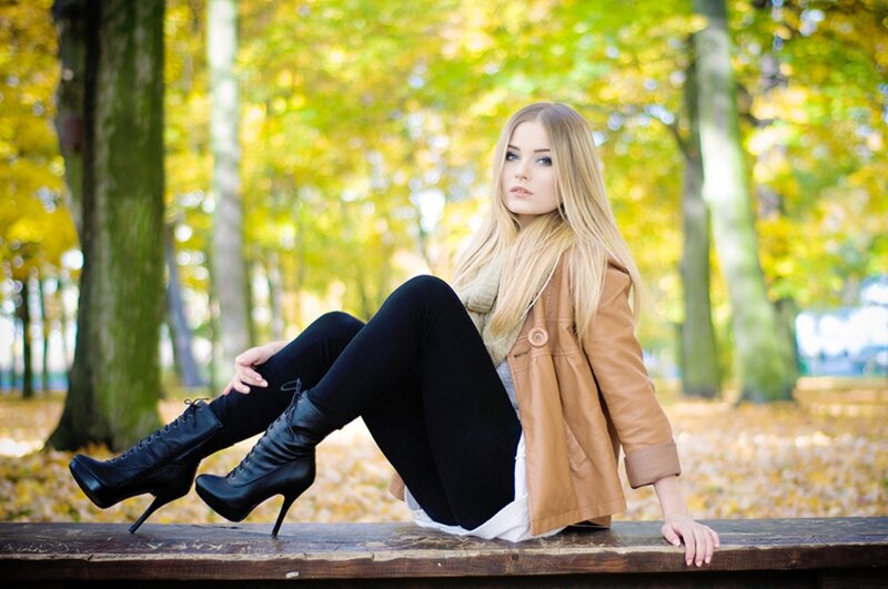 Woman Sitting on Bench — Brown, Calm, Autumn, Photograph