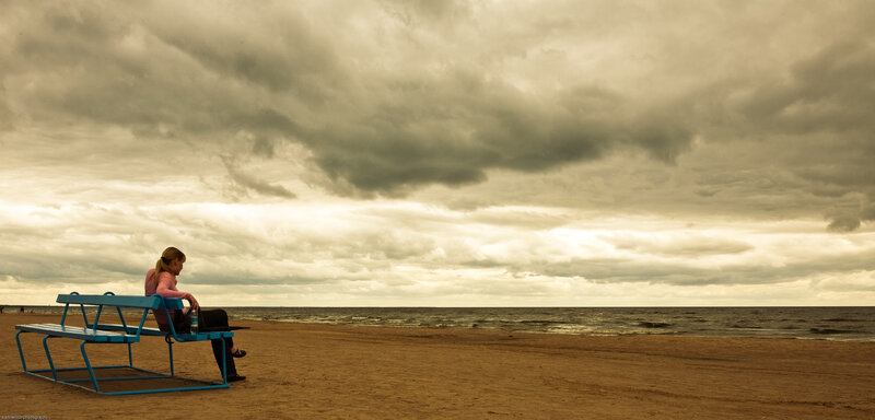 Woman Sitting on Bench — Brown, Dramatic, Afternoon, Photograph