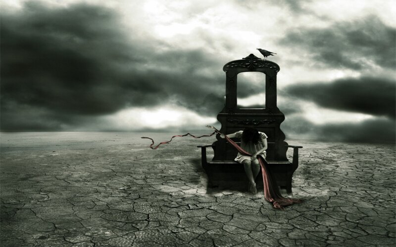 Woman Sitting on Bench — Gray, Dramatic, Digital Art