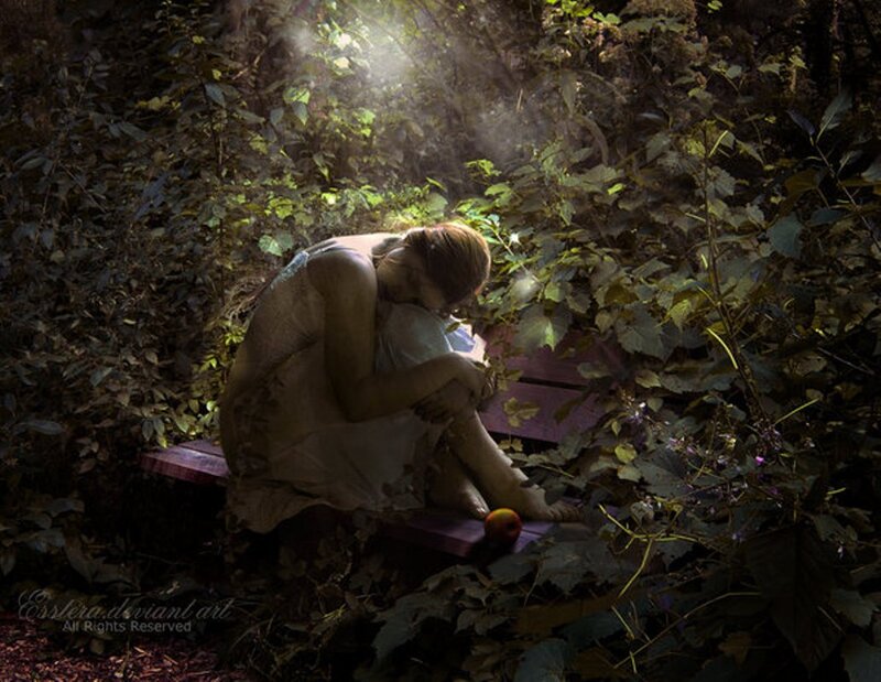 Woman Sitting on Bench — Green, Dramatic