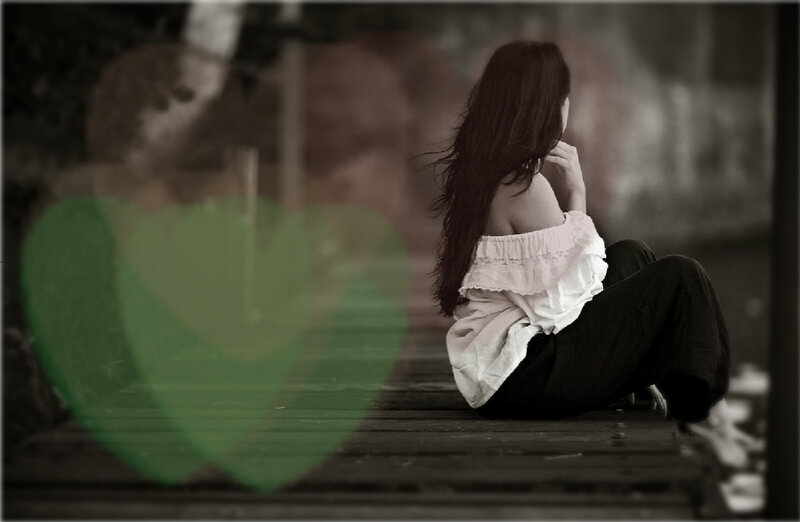 Woman Sitting on Bench — Green, Melancholic, Photograph