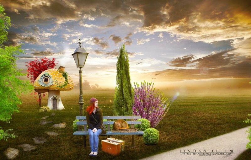 Woman Sitting on Bench — Green, Serene, Sunset