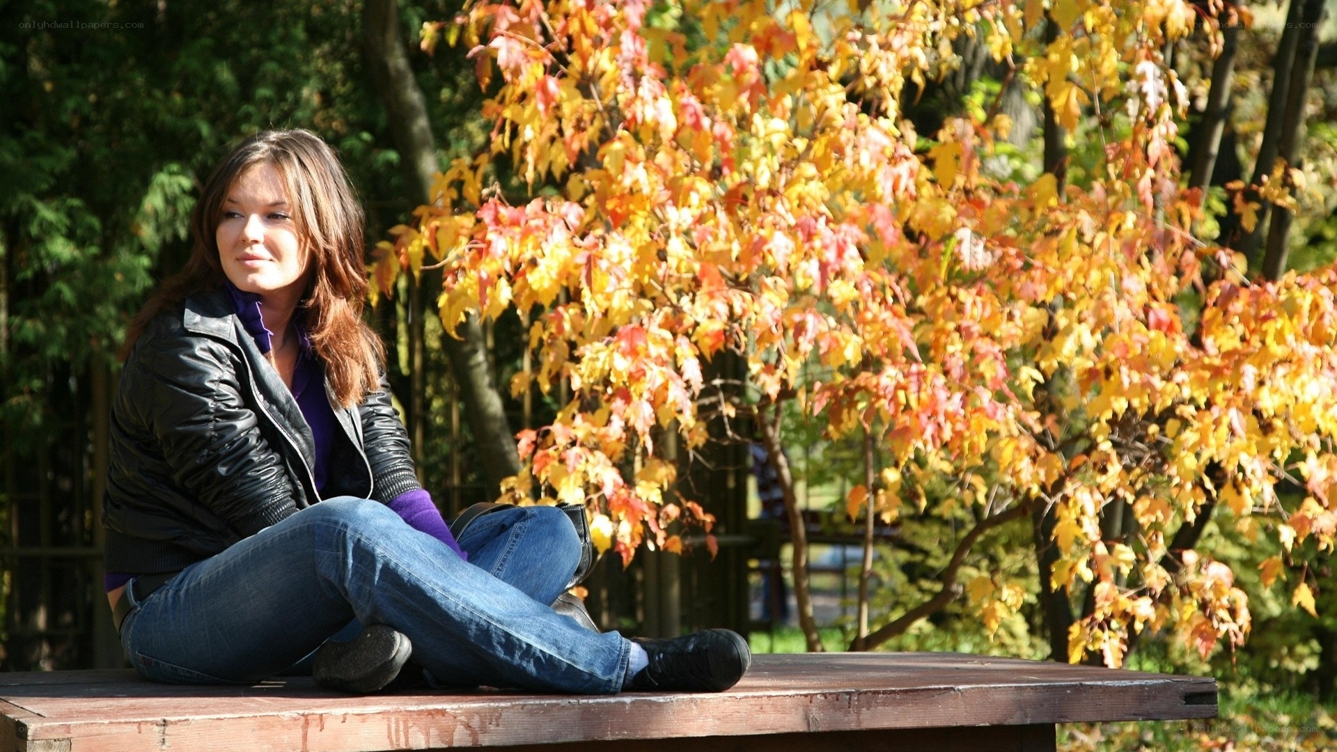 Woman sitting on bench in autumn