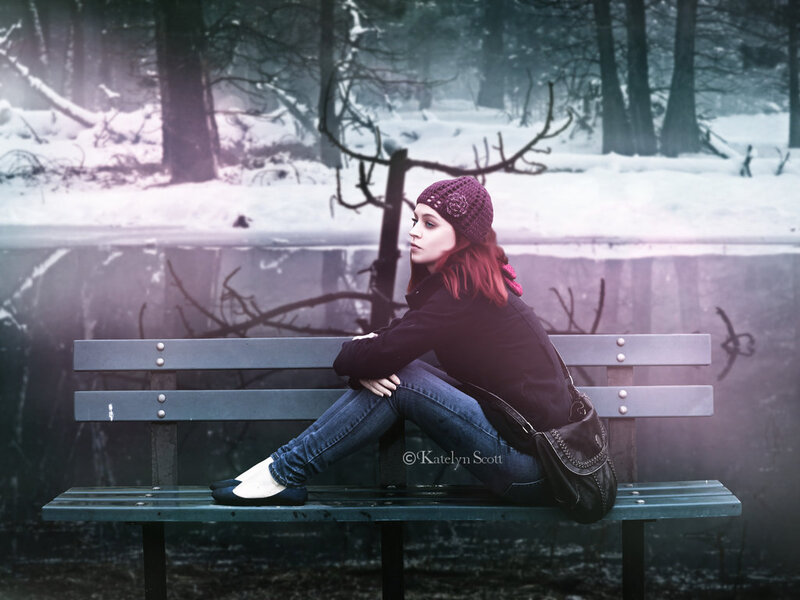 Woman Sitting on Bench — Purple, Melancholic