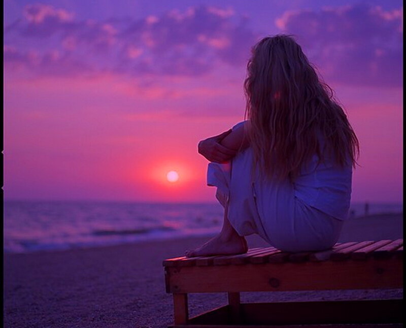 Woman Sitting on Bench — Purple, Serene, Sunset, Photograph