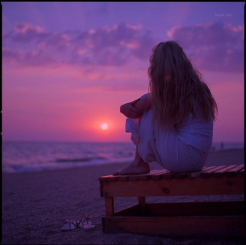 Woman Sitting on Bench — Purple, Serene, Sunset