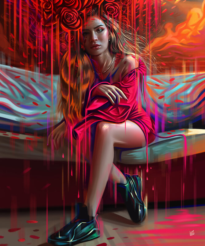 Woman Sitting on Bench — Red, Dramatic
