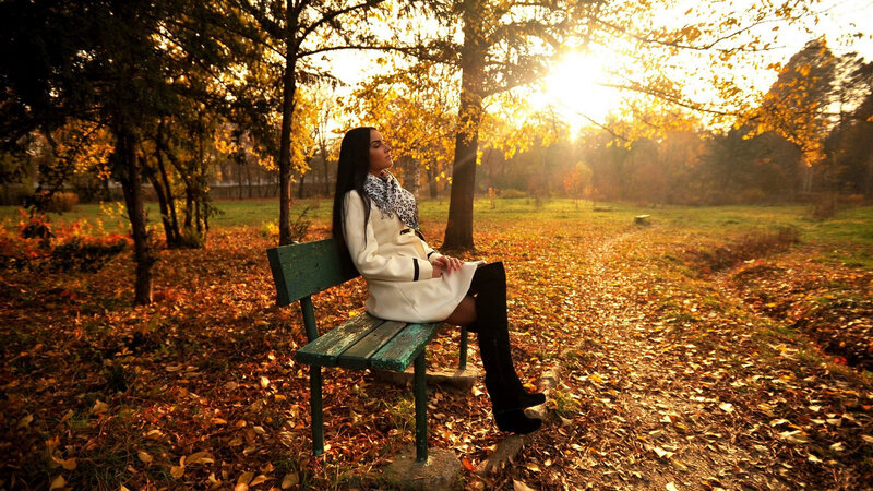 Woman Sitting on Bench — Yellow, Serene, Autumn, Photograph