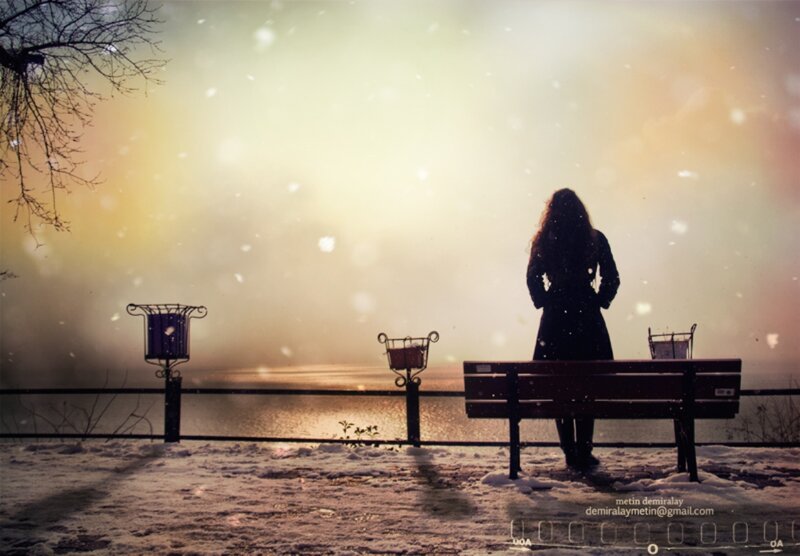 Woman Sitting on Bench — Yellow, Serene