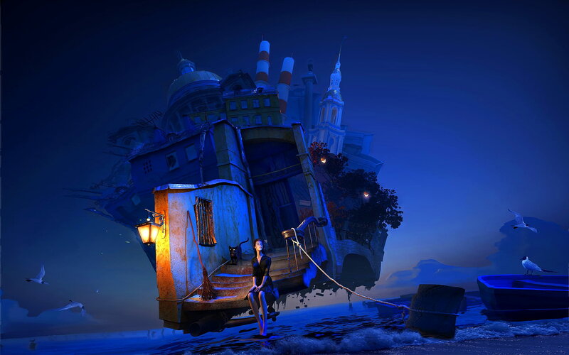 Woman Sitting on Boat — Blue, Dreamy