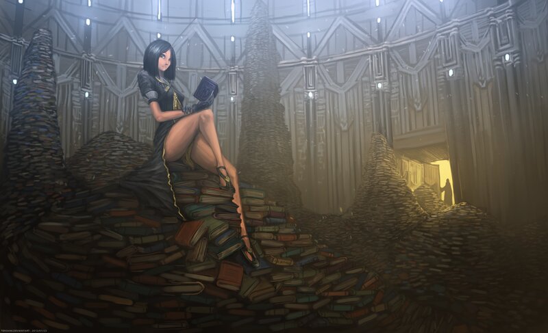 Woman Sitting on Books — Gray