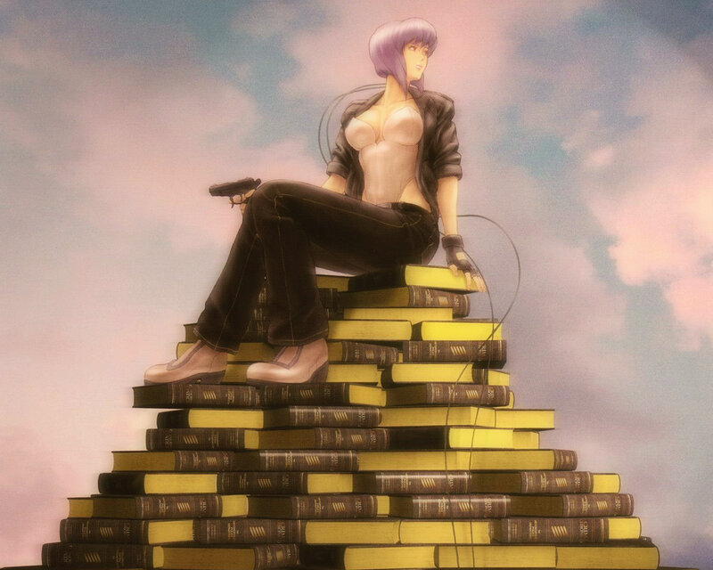 woman sitting on books with gun