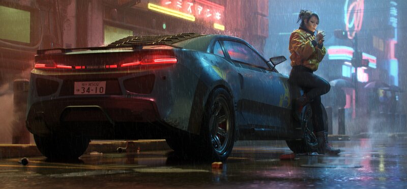 Woman Sitting on Car — Blue, Dramatic, Night, Digital Art