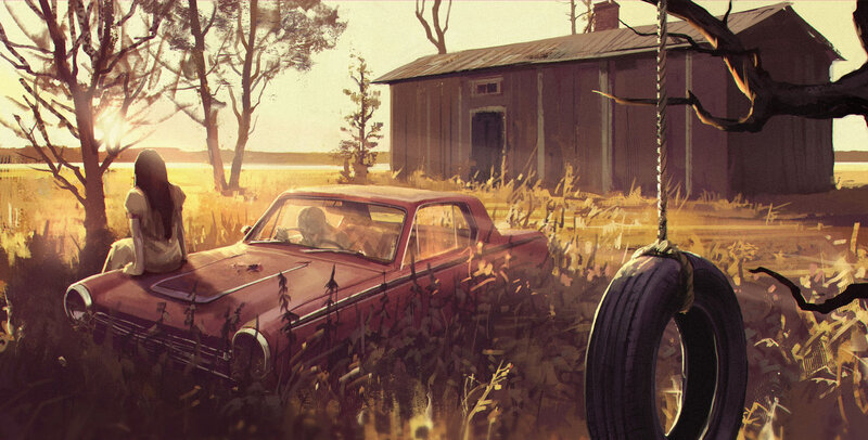 Woman Sitting on Car — Red, Serene, Sunset
