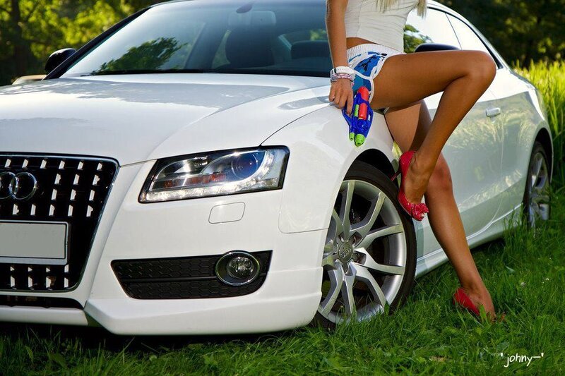 Woman Sitting on Car — White, Relaxed