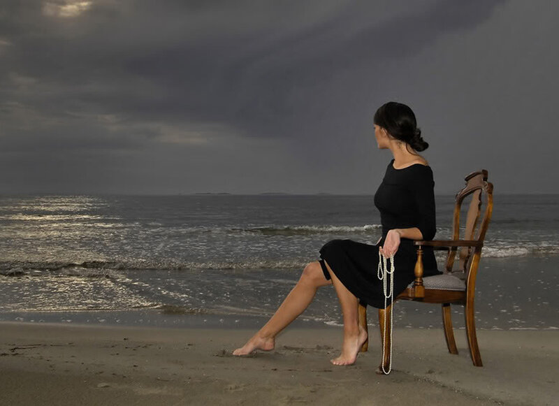 Woman Sitting on Chair — Black, Dramatic, Evening