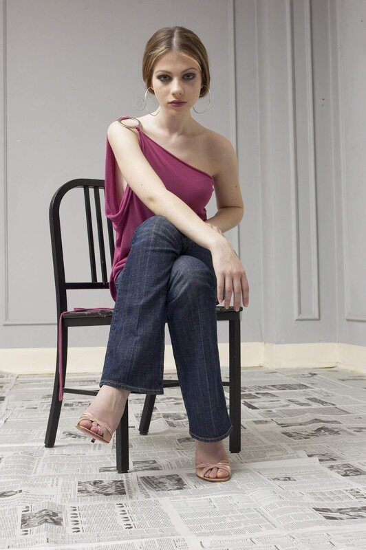Woman Sitting on Chair — Purple, Neutral, Photograph