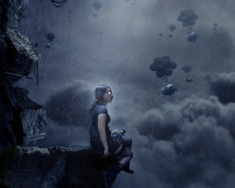 Woman Sitting on Cliff — Gray
