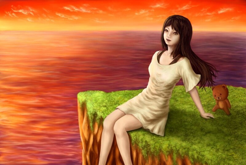 Woman Sitting on Cliff — Orange