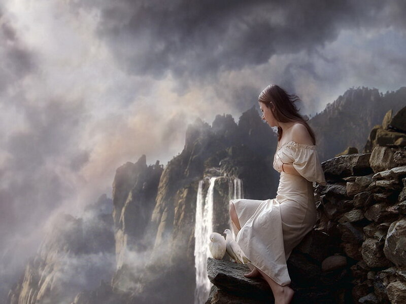 Woman Sitting on Cliff — White, Dramatic