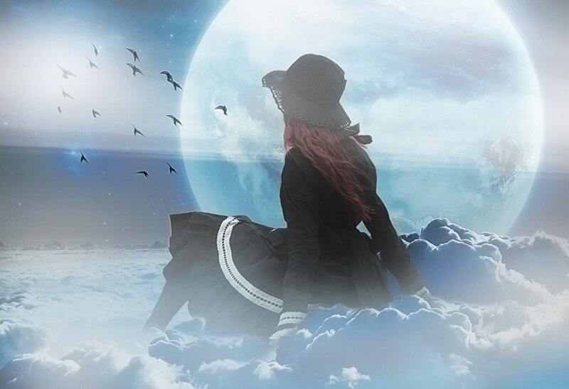 Woman Sitting on Clouds — Blue