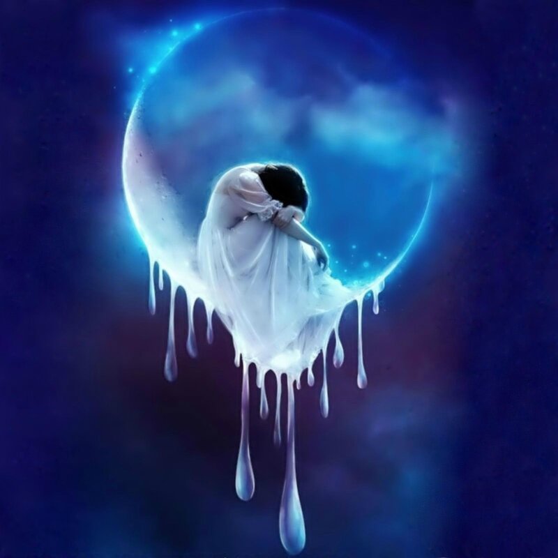 Woman Sitting on Crescent Moon — Blue, Dreamy