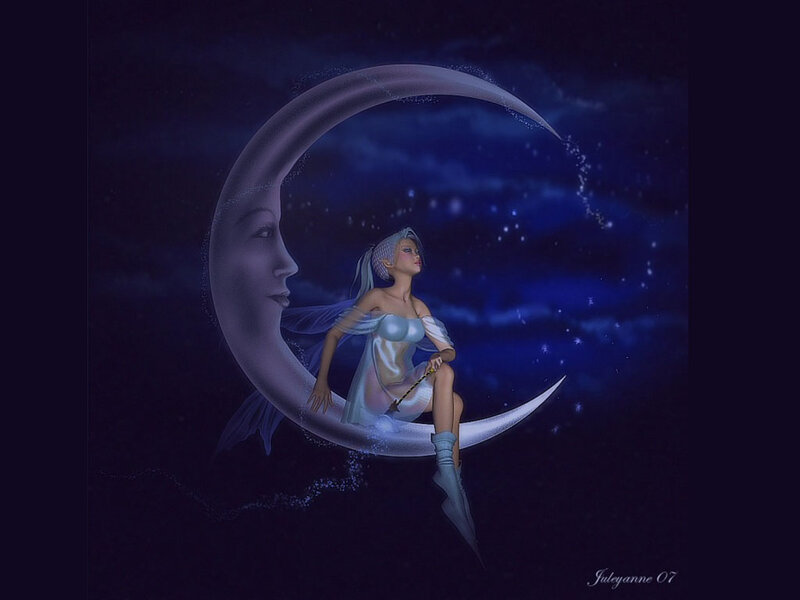 Woman Sitting on Crescent Moon — Blue