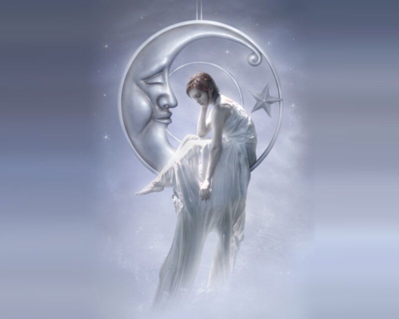 Woman Sitting on Crescent Moon — White