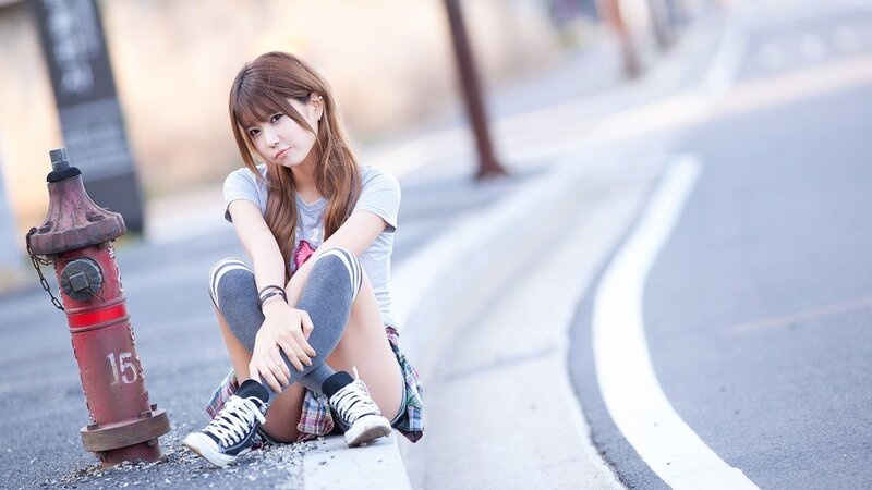 Woman Sitting on Curb — Gray, Calm, Afternoon