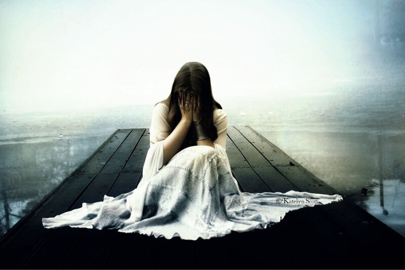 Woman Sitting on Dock — White, Melancholic