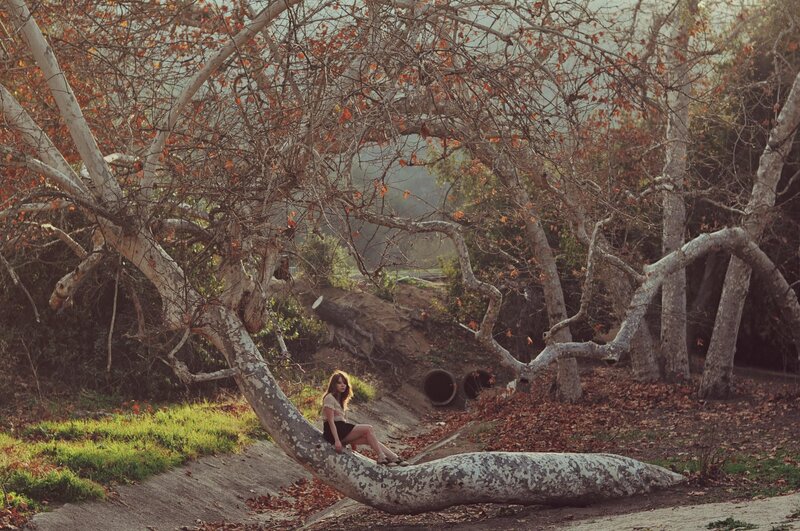 Woman sitting on fallen tree