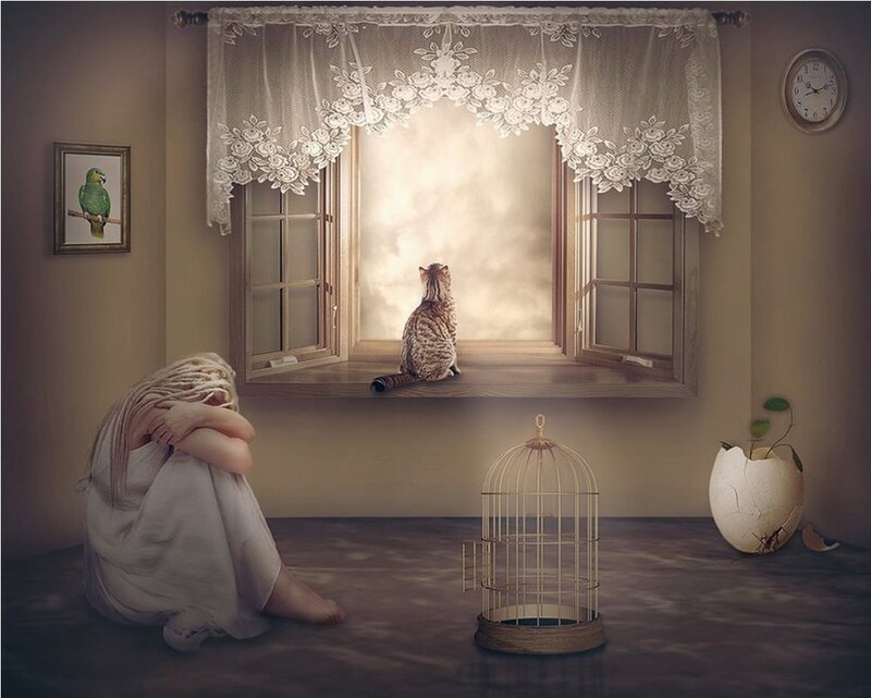 Woman Sitting on Floor — Beige, Melancholic